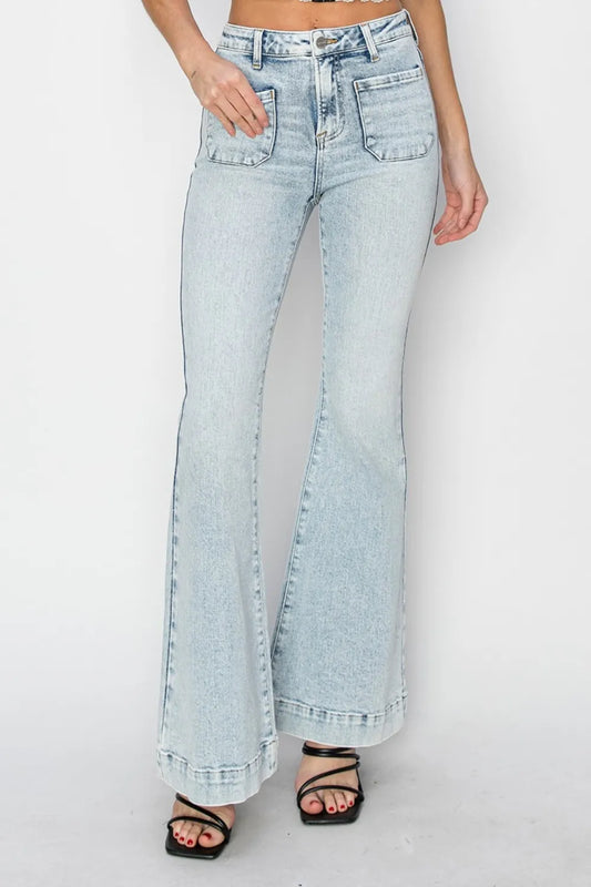 Risen Full Size High Rise Front Patch Pocket Flare Jeans Acid Light - Fashorio