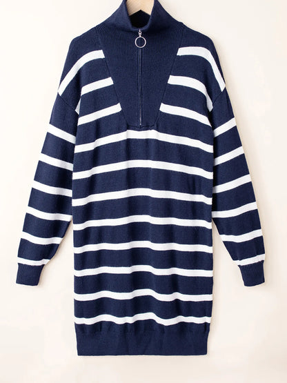 Striped O-ring Zip Collared Loose Sweater Mini Dress - Fashorio