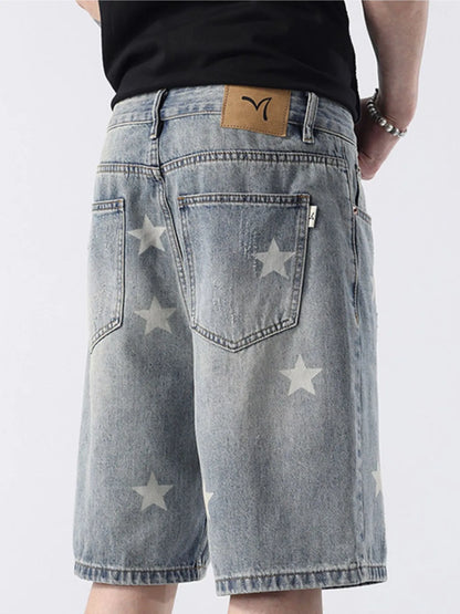 Men's Distressed Star Print Denim Shorts - Fashorio