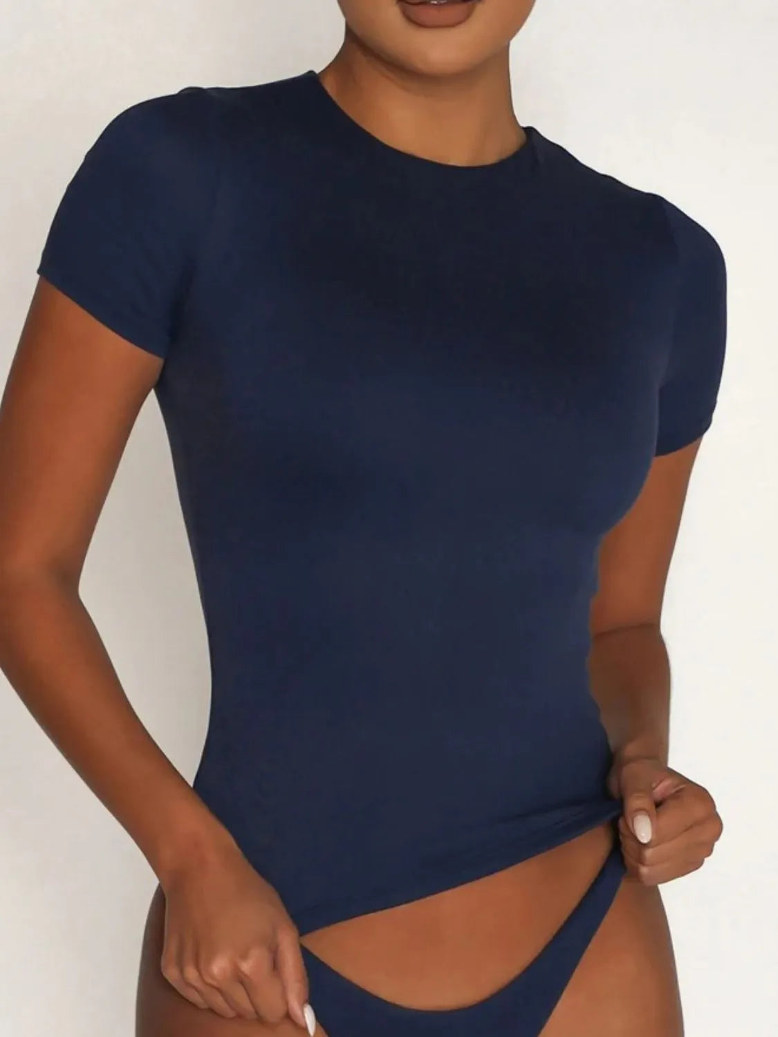 Round Neck Short Sleeve Swim Top Dark Blue - Fashorio