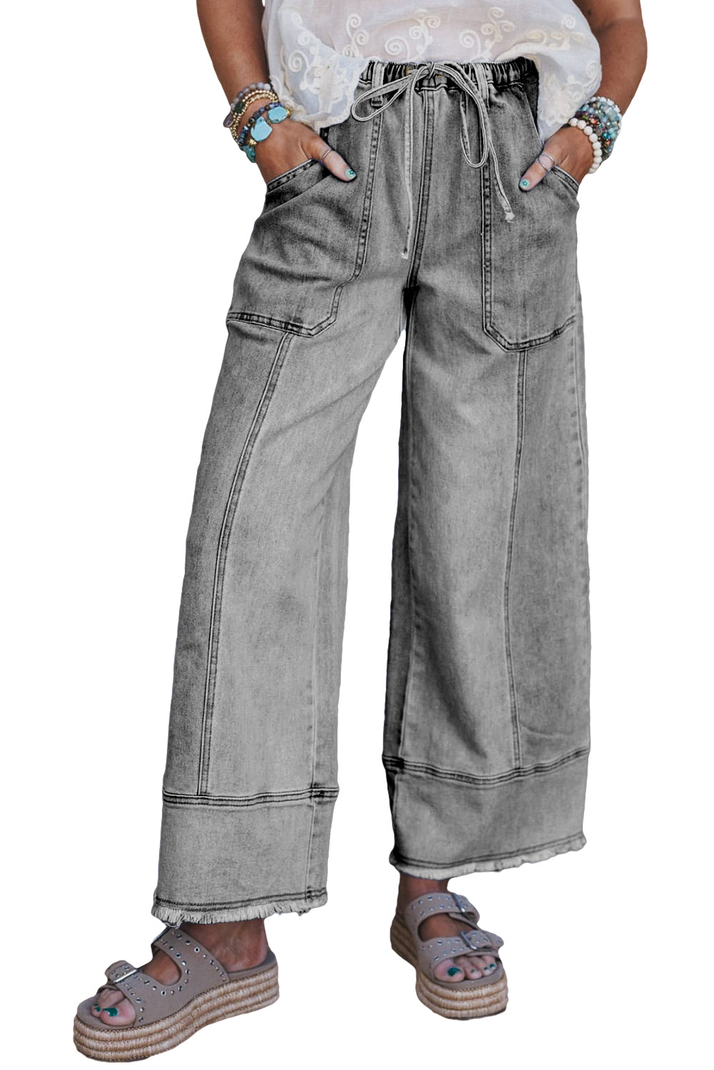 Gray wide leg jeans full length styling front