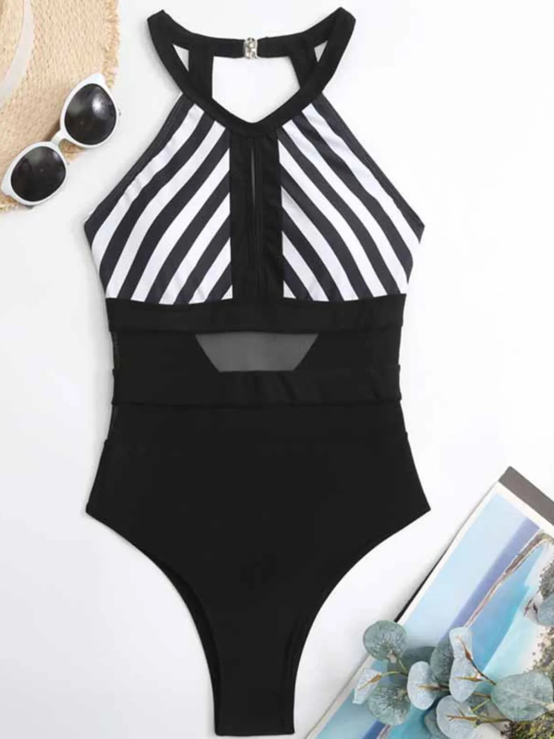 Mesh Detail Backless Striped One-Piece Swimsuit - Fashorio