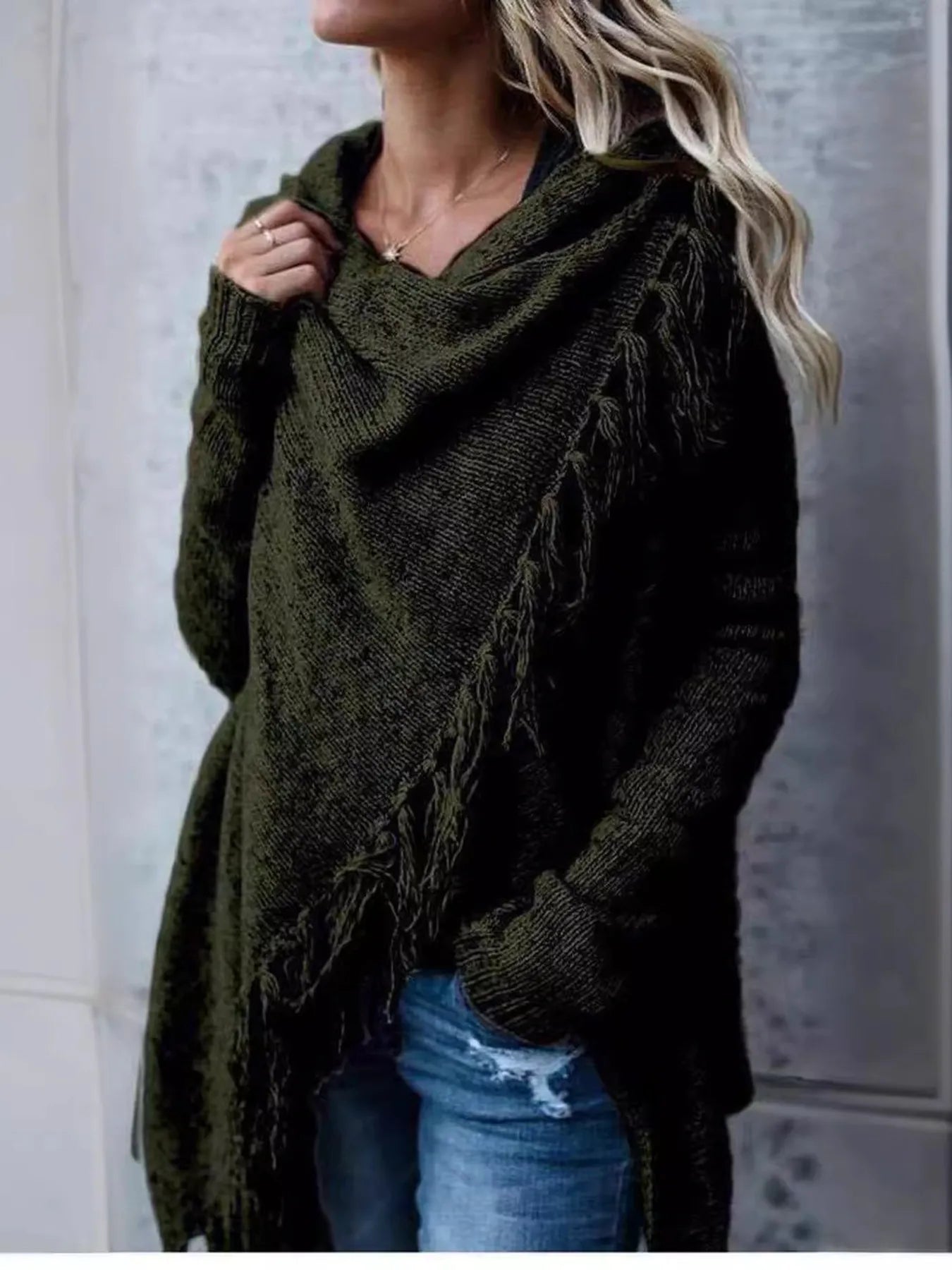 Fringe Long Sleeve Wrap Cardigan Army Green - Fashorio