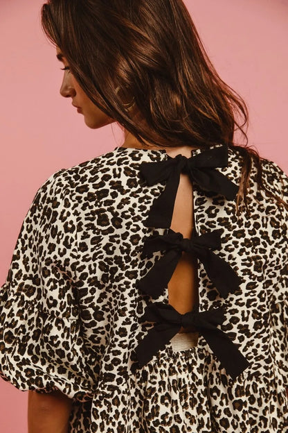 BiBi Leopard Denim Dress With Back Contrast Tie Detail - Fashorio