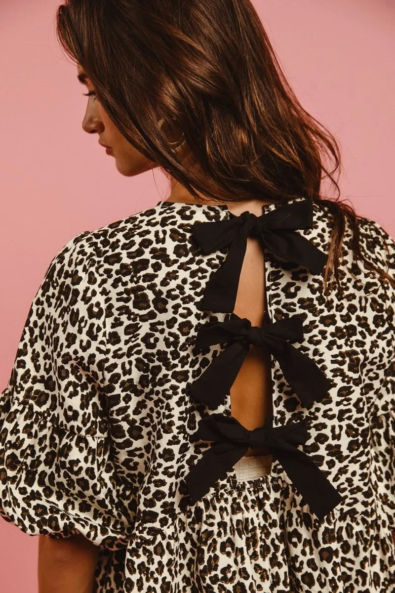 BiBi Leopard Denim Dress With Back Contrast Tie Detail - Fashorio