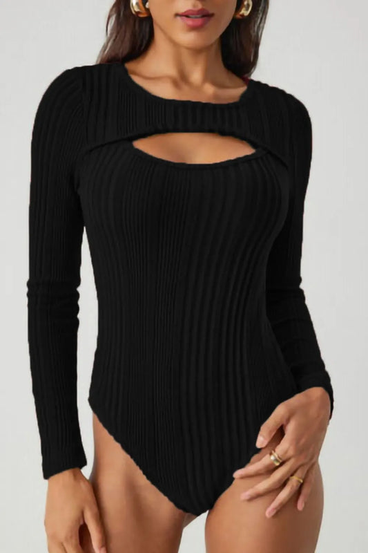 Ribbed Cutout Round Neck Bodysuit Black - Fashorio