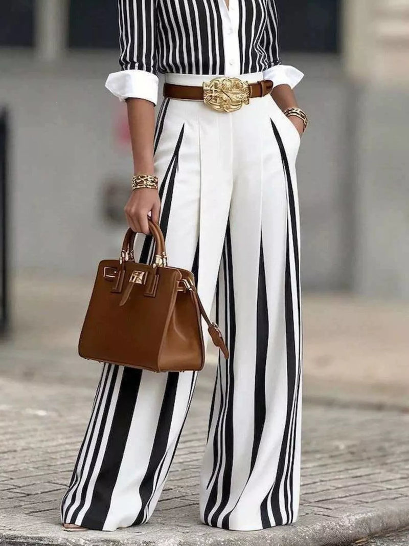 High waisted wide leg striped pants front view
