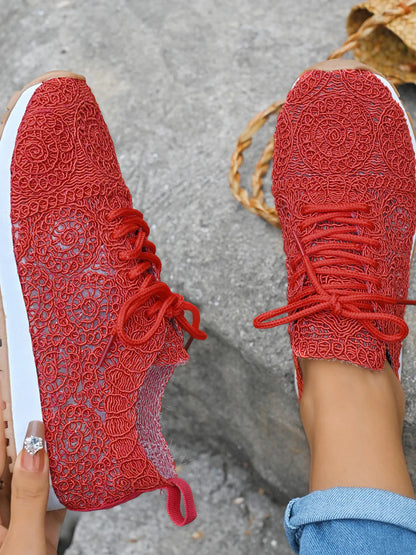 Mesh Lace Up Sneakers Red - Fashorio