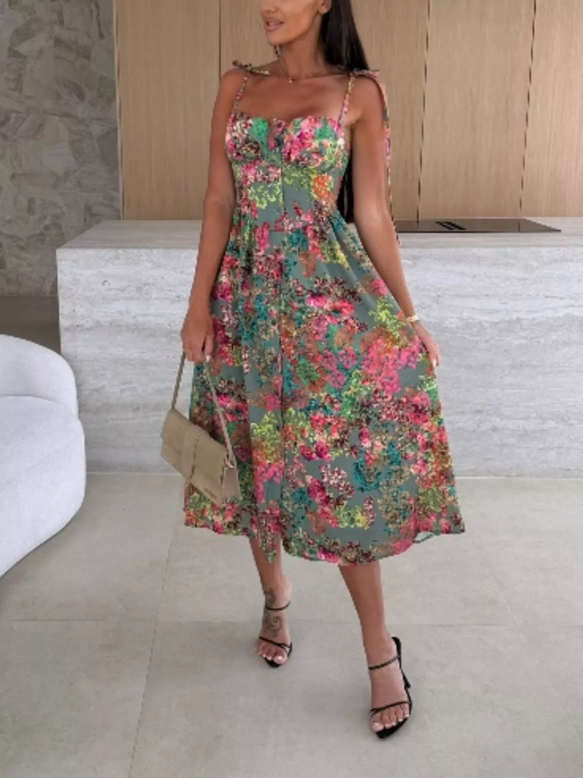 Printed tie strap midi dress back view