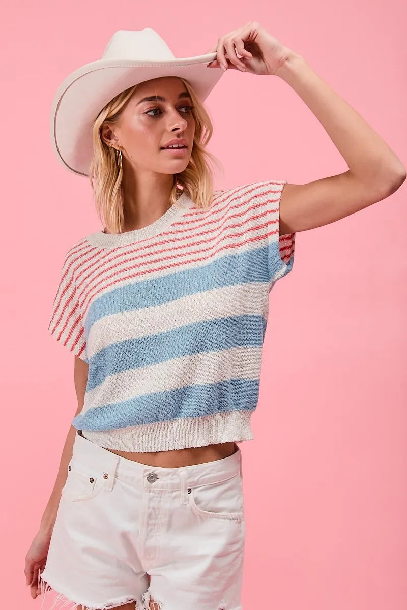 BiBi Stripes Lightweight Short Sleeve Sweater - Fashorio