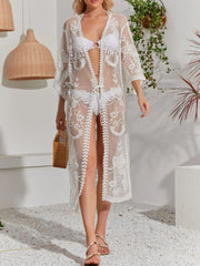Lace Detail Open Front Longline Cover-Up White One Size - Fashorio