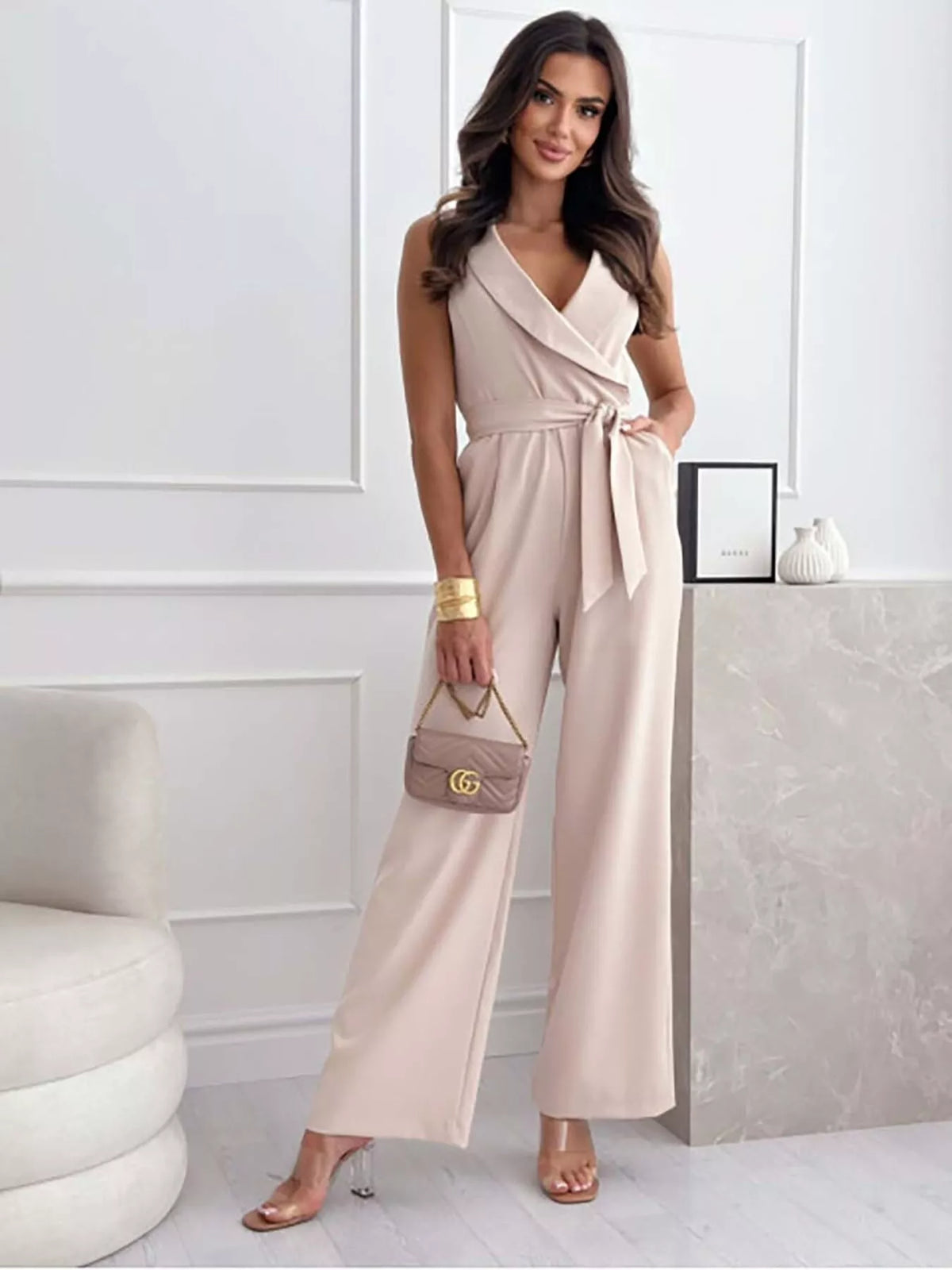 Back view of the surplice sleeveless jumpsuit
