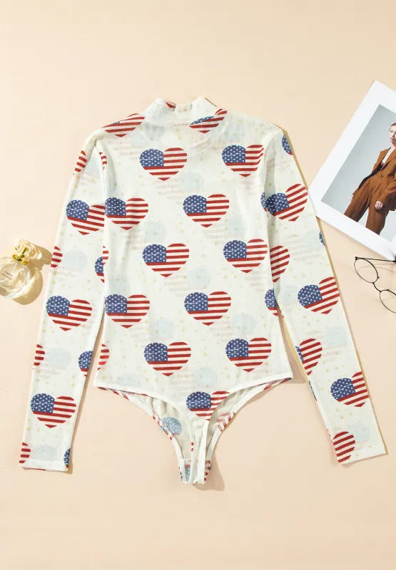 US Flag Heart Mock Neck Long Sleeve Bodysuit - Fashorio