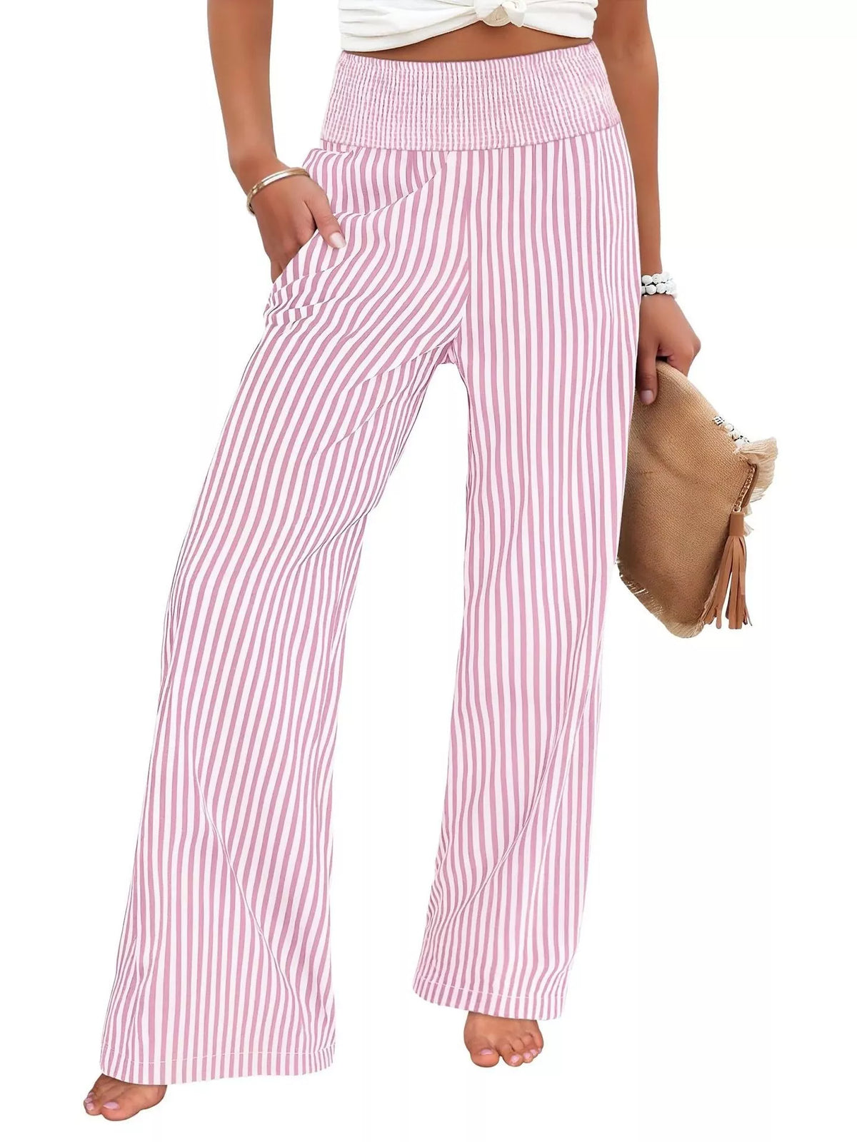 Striped smocked waist wide leg pants detail view