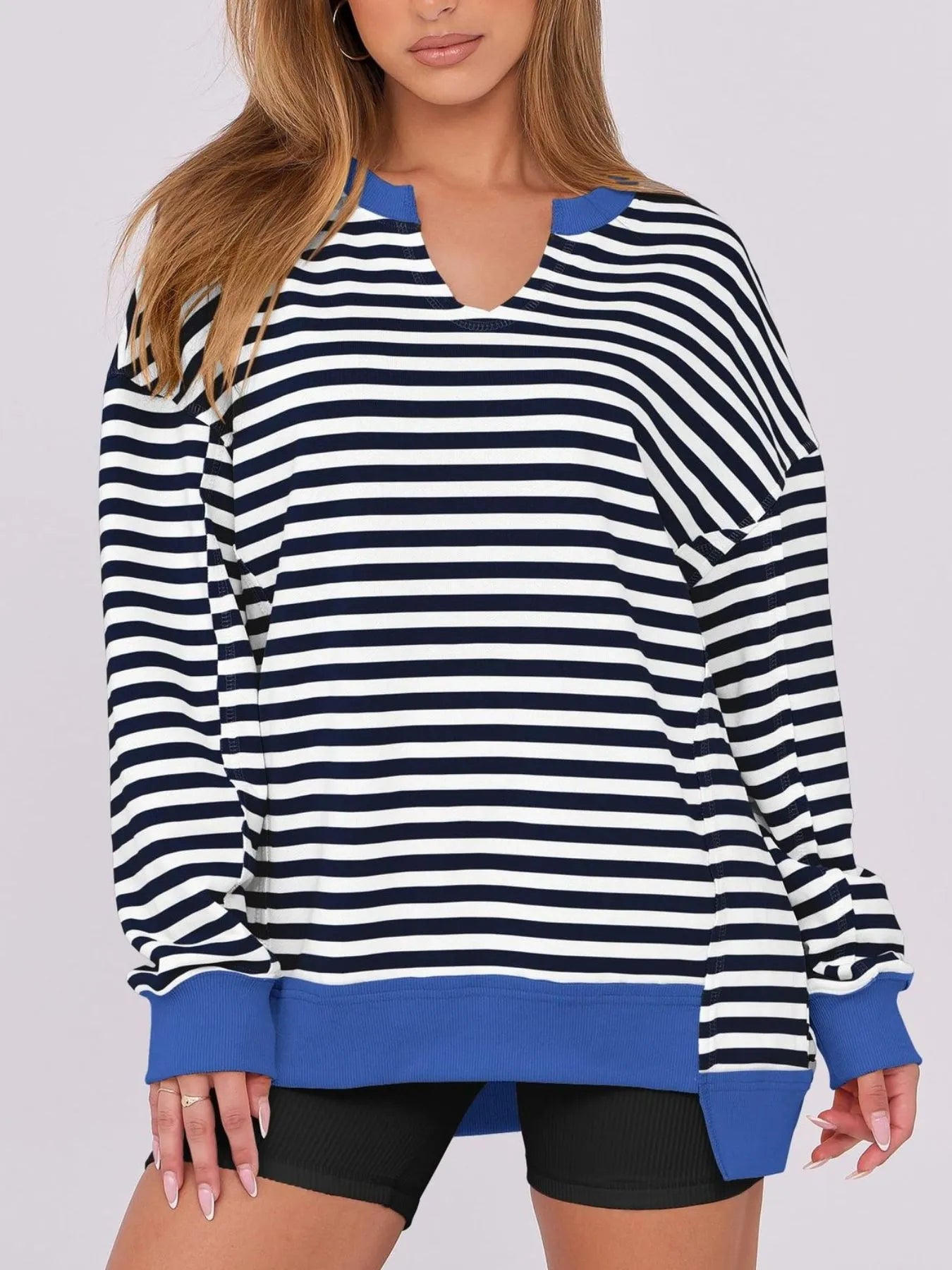 Notched Long Sleeve Oversized Sweatshirt - Fashorio