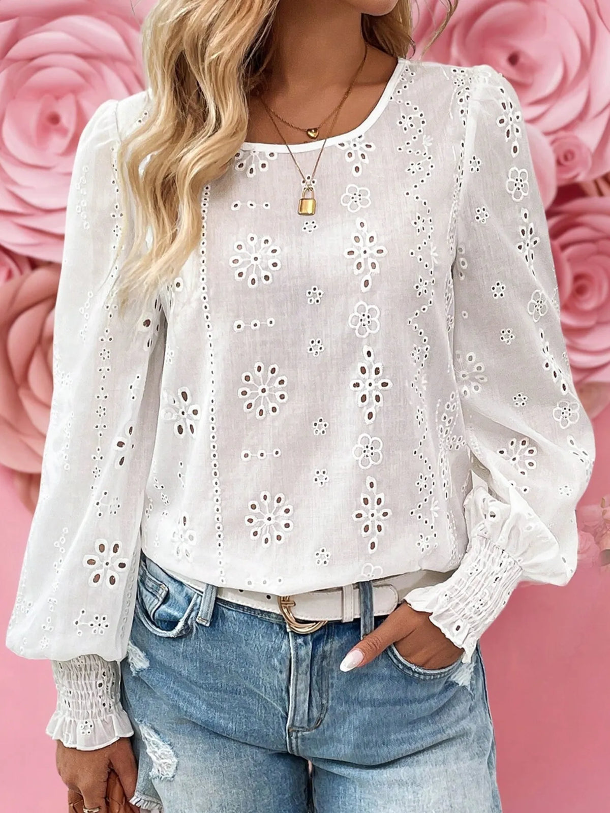 White eyelet long sleeve blouse front view