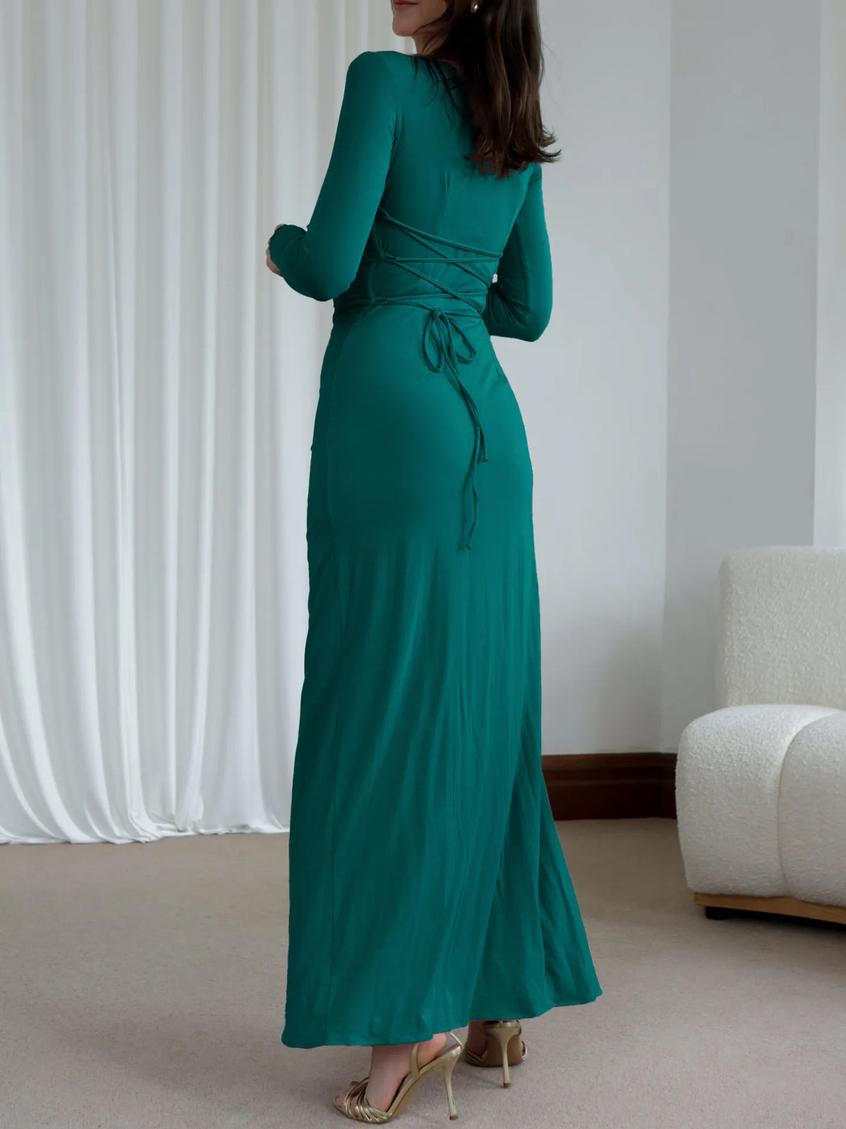 ruched long sleeve maxi dress shoulder detail