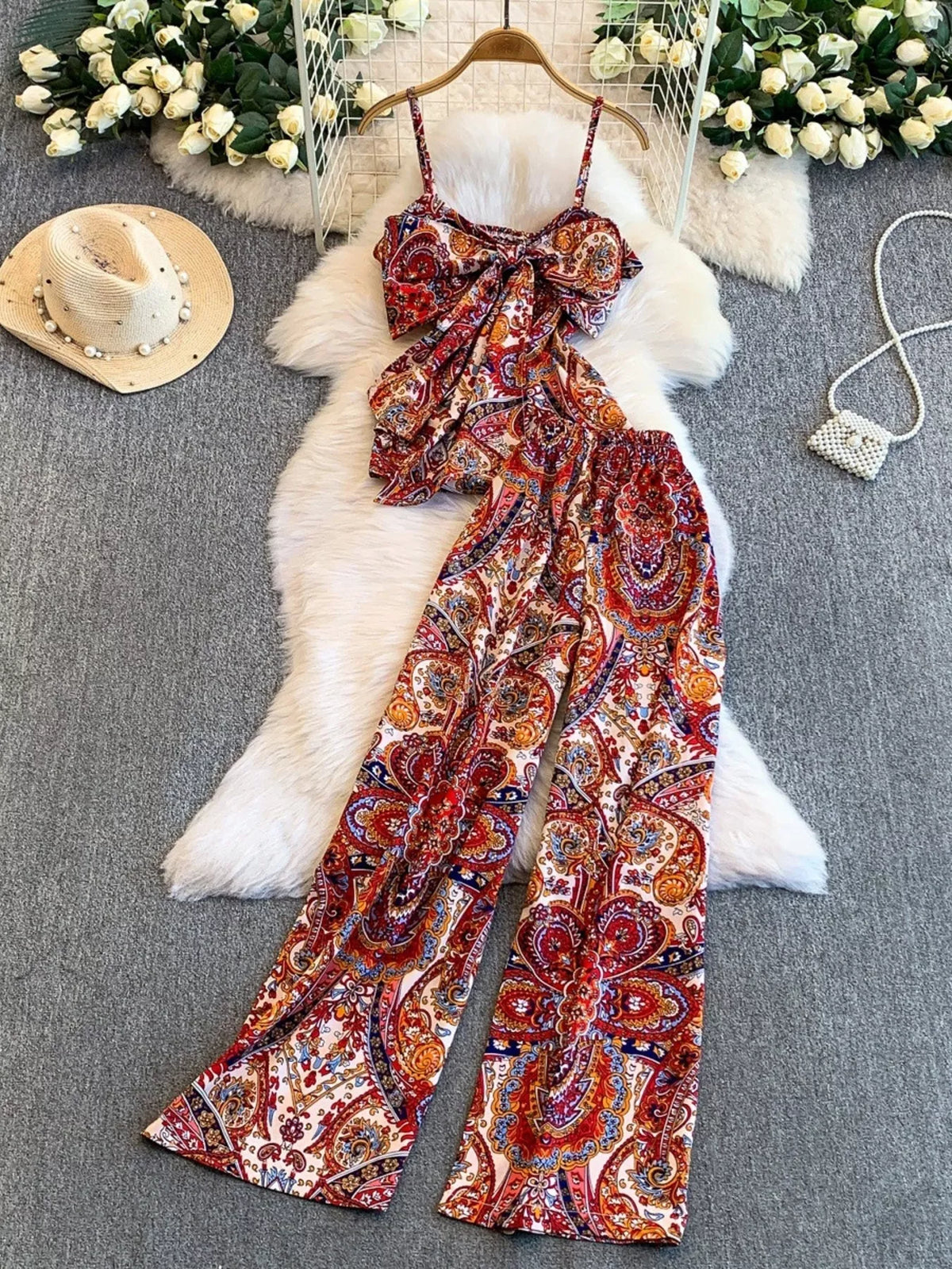 Wide leg printed pants smocked waist close up