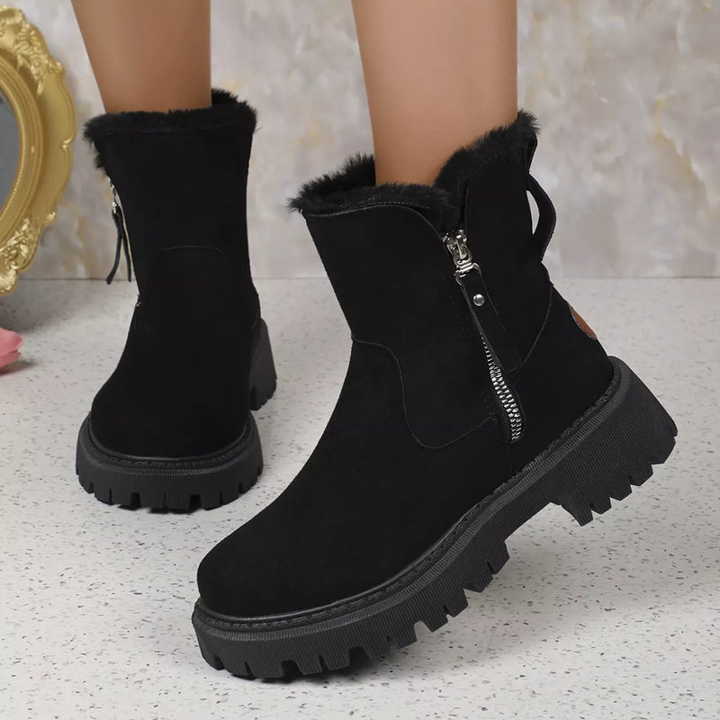 Fuzzy lined suede ankle boots front view