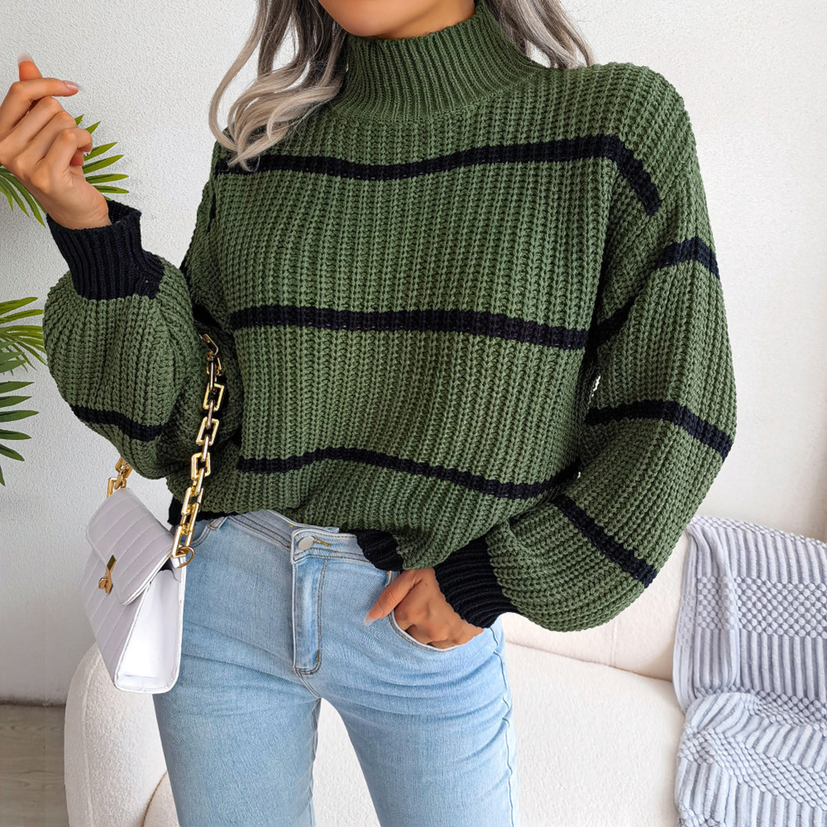Striped Mock Neck Dropped Shoulder Sweater Green - Fashorio