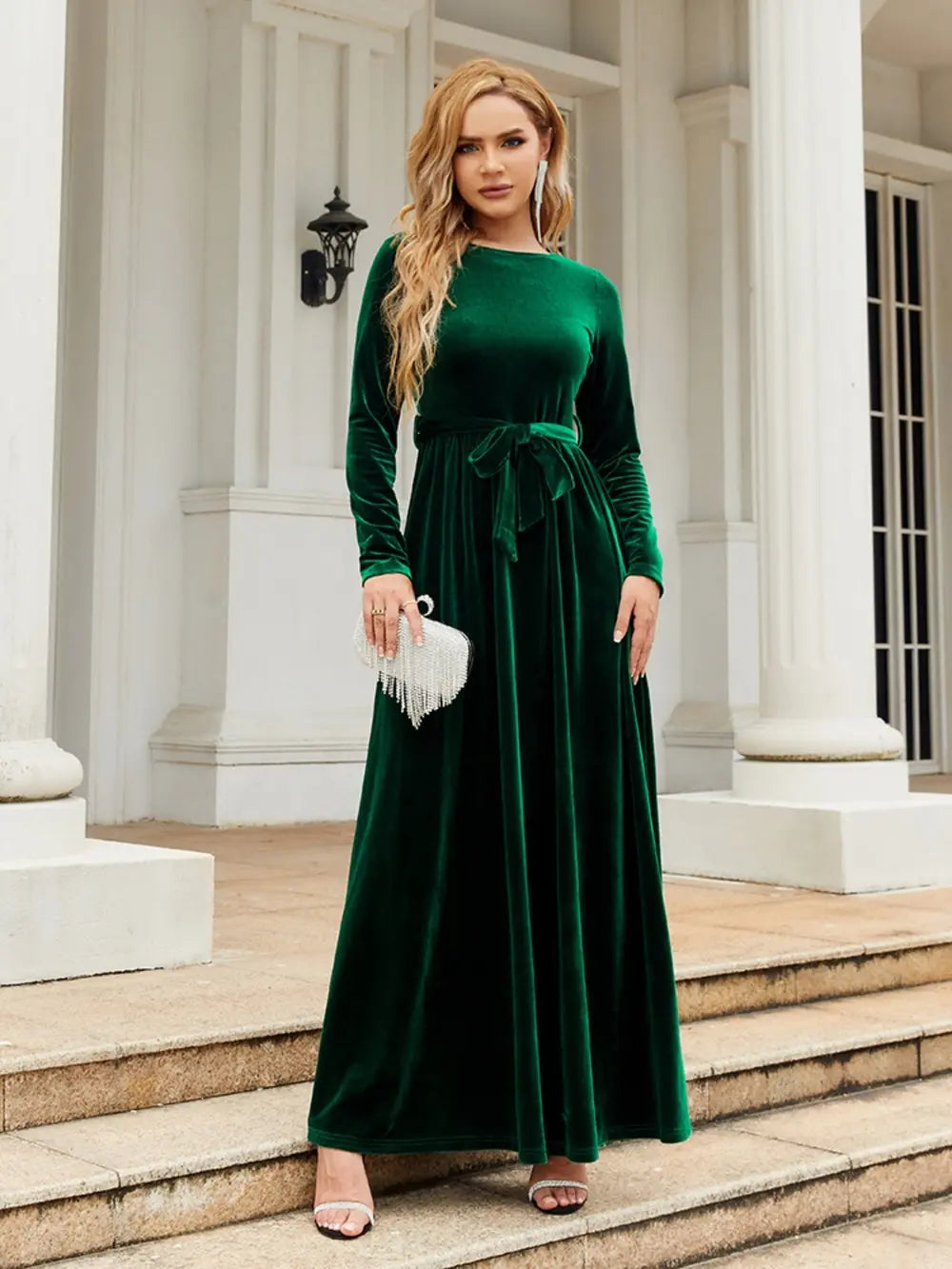 tie front long sleeve maxi dress seated styled look