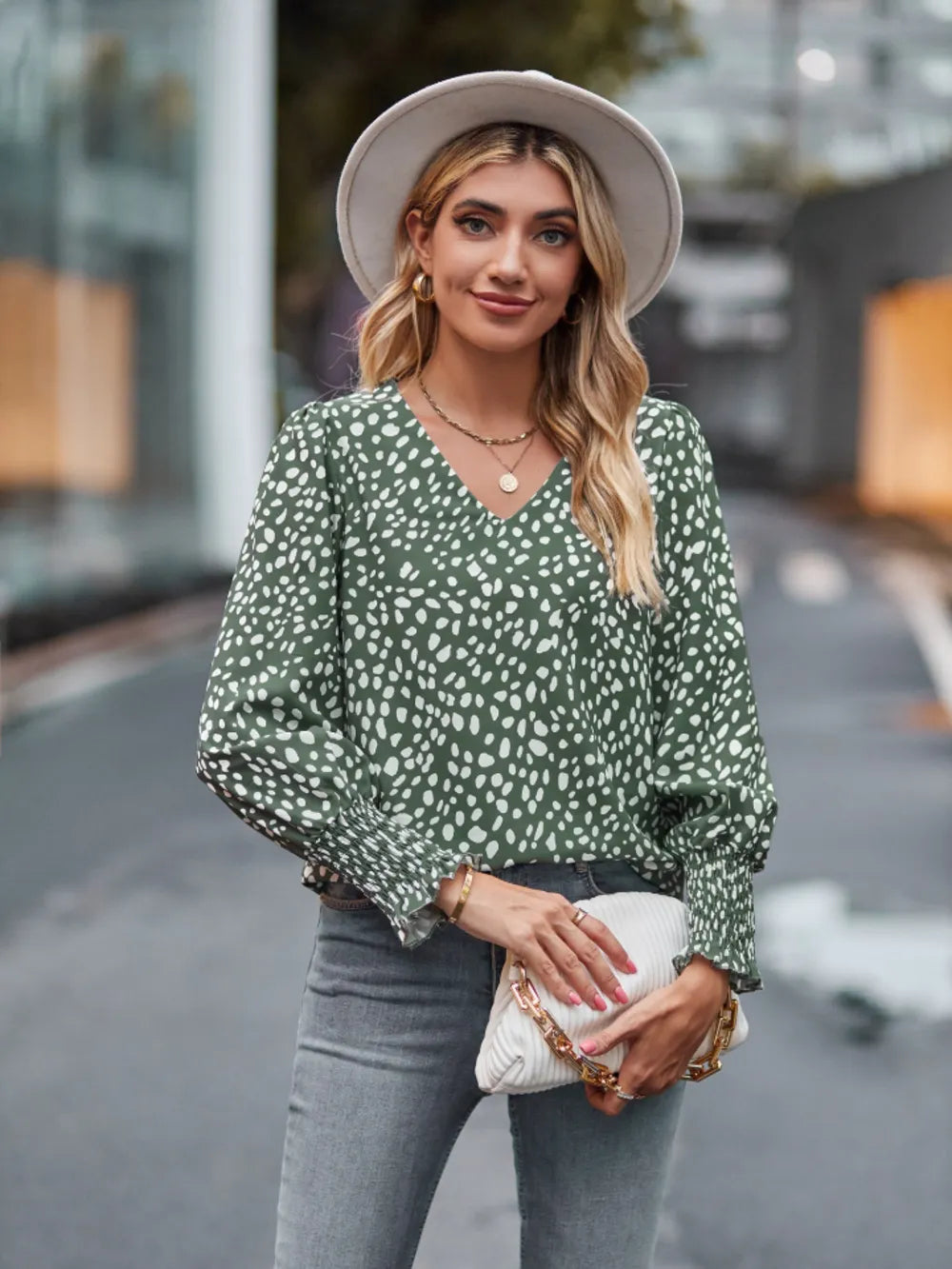 Printed V-Neck Lantern Sleeve Blouse - Fashorio