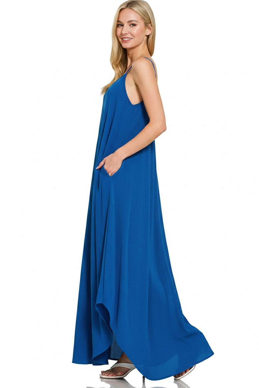 Crinkle Cami Maxi Dress with Pockets in Classic Blue side view