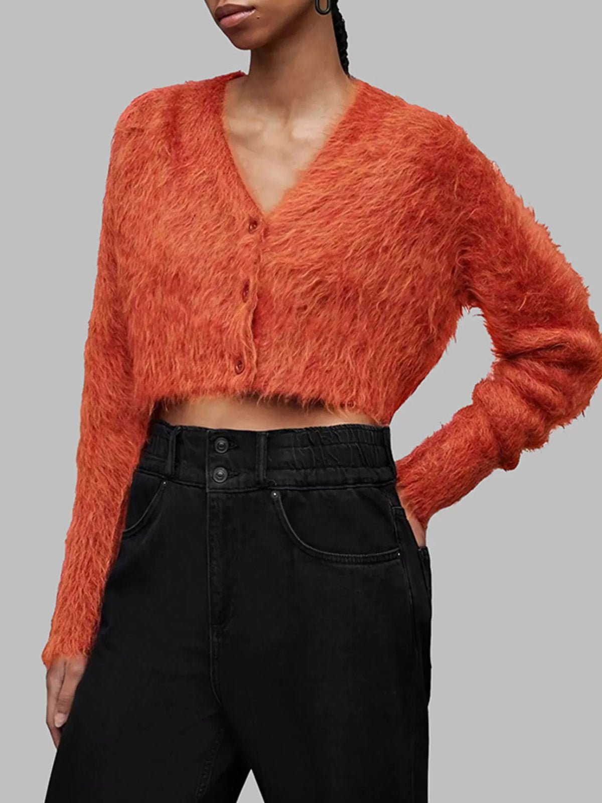 fluffy knit cropped cardigan full length view