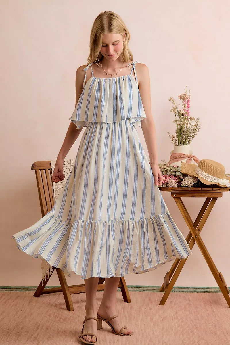 White and blue striped tiered midi dress with shoulder ties front view