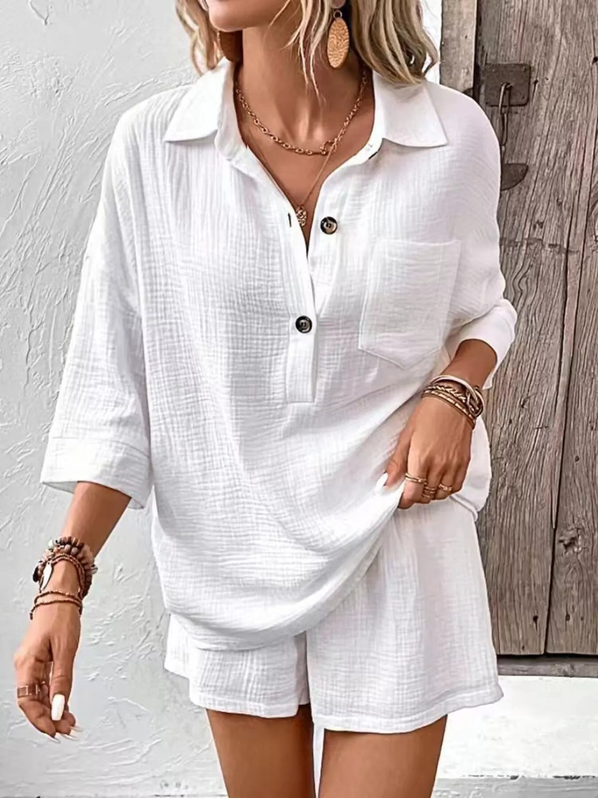 Button detail top and shorts set front view