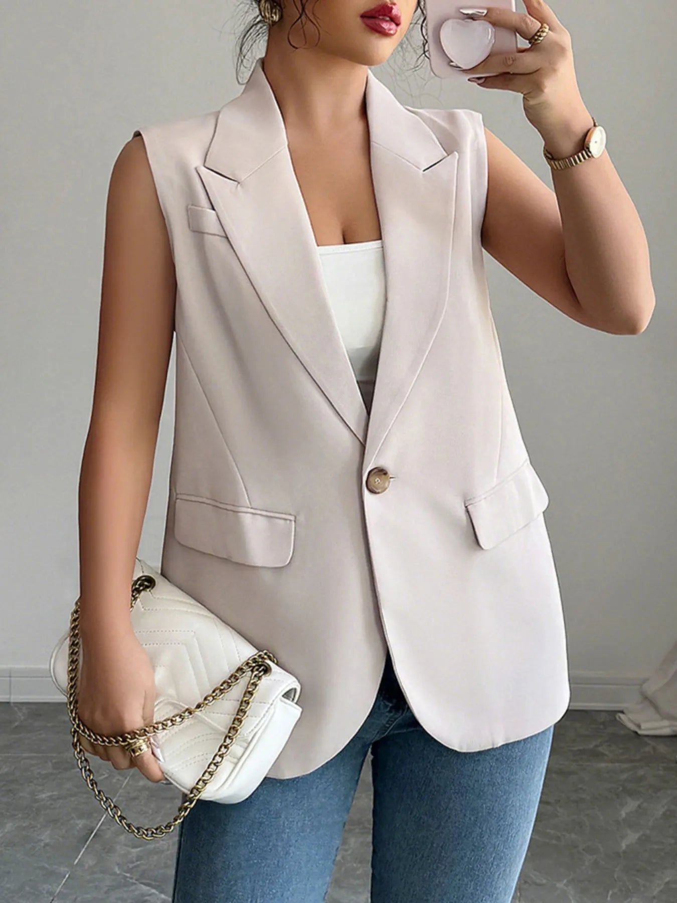 One Button Sleeveless Blazer Eggshell - Fashorio