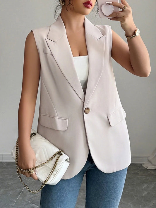 One Button Sleeveless Blazer Eggshell - Fashorio