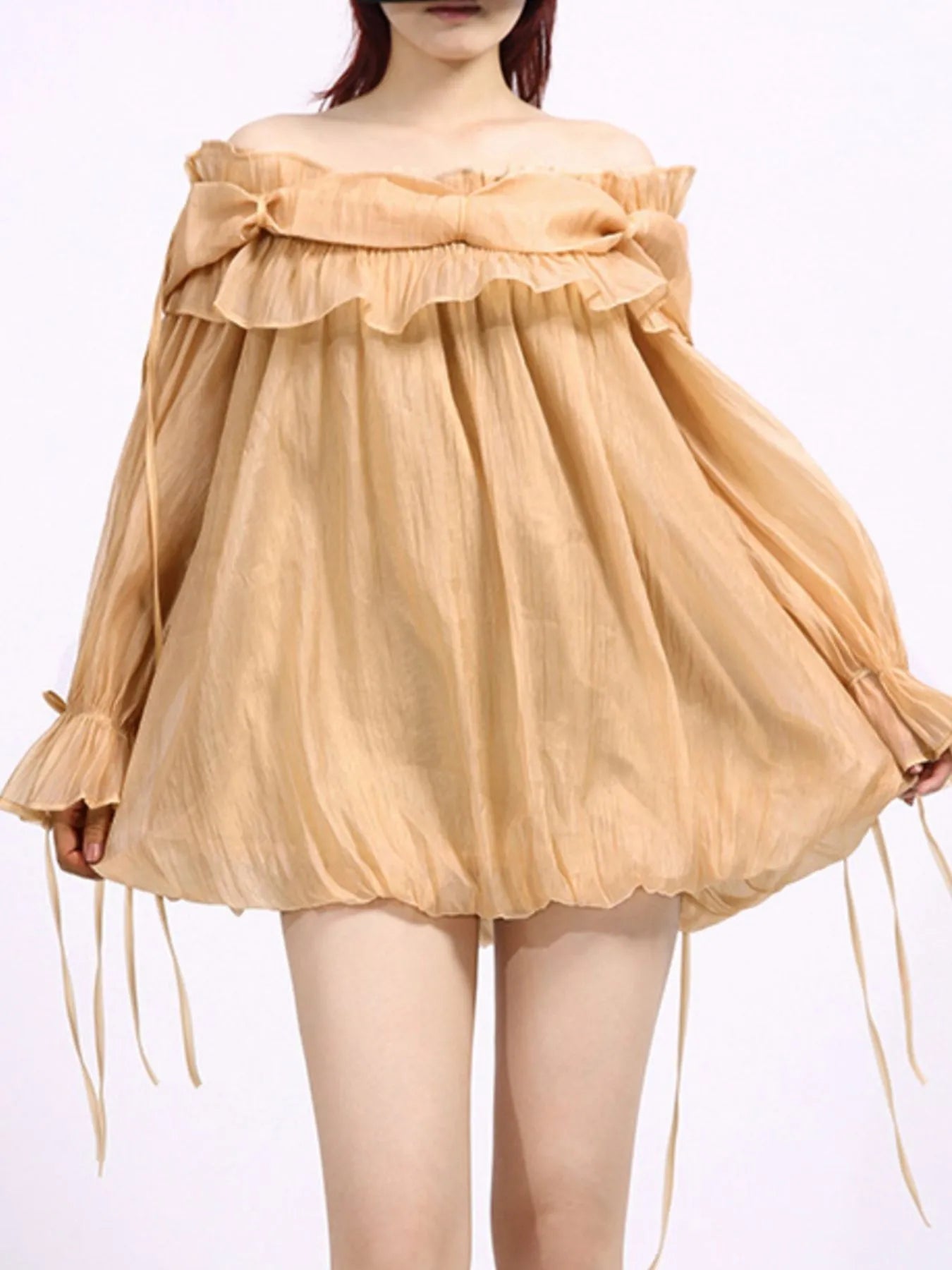 Ruffled Off-Shoulder Flounce Sleeve Blouse Champagne - Fashorio