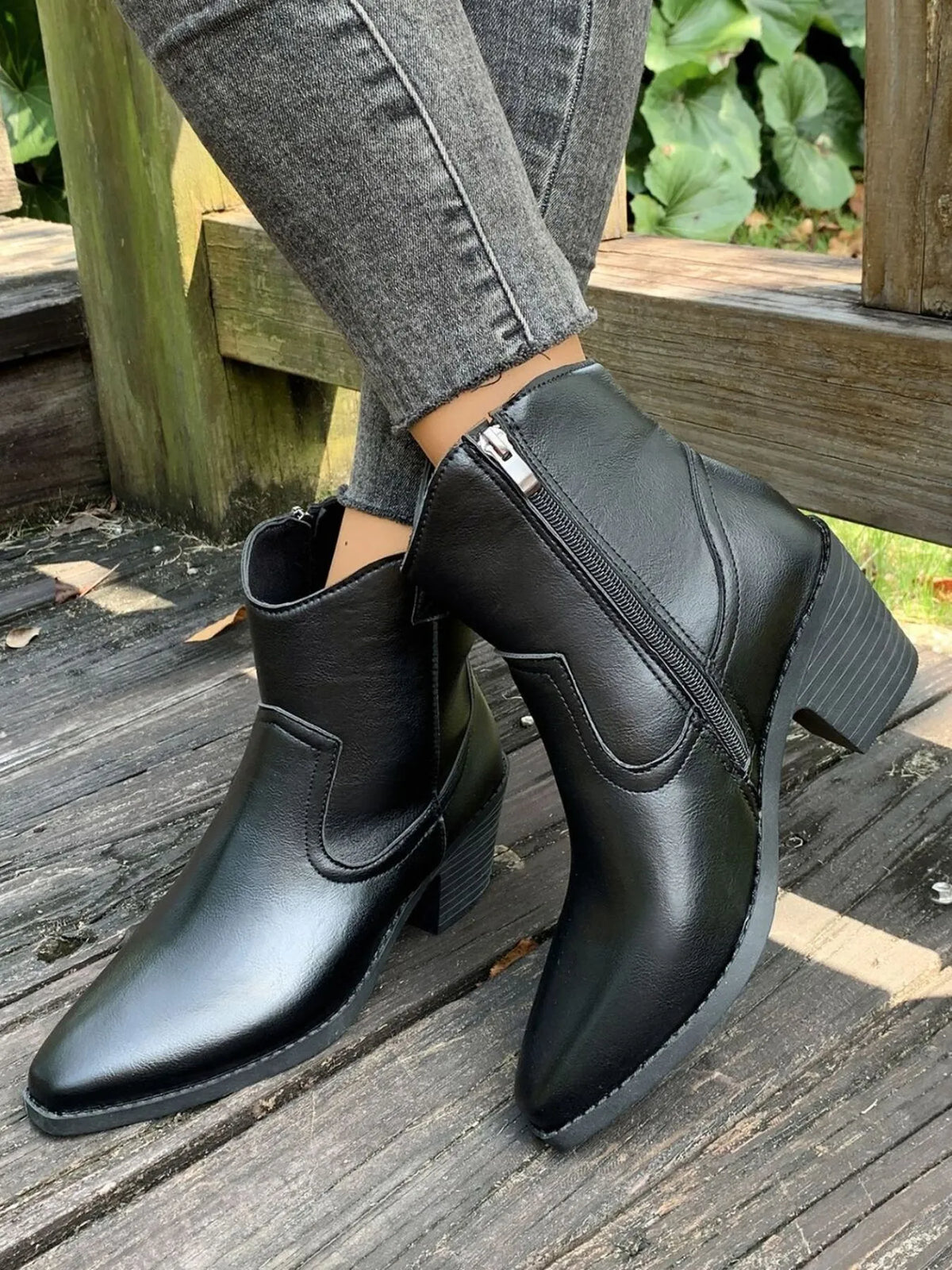 Point Toe Block Heel Boots back heel view