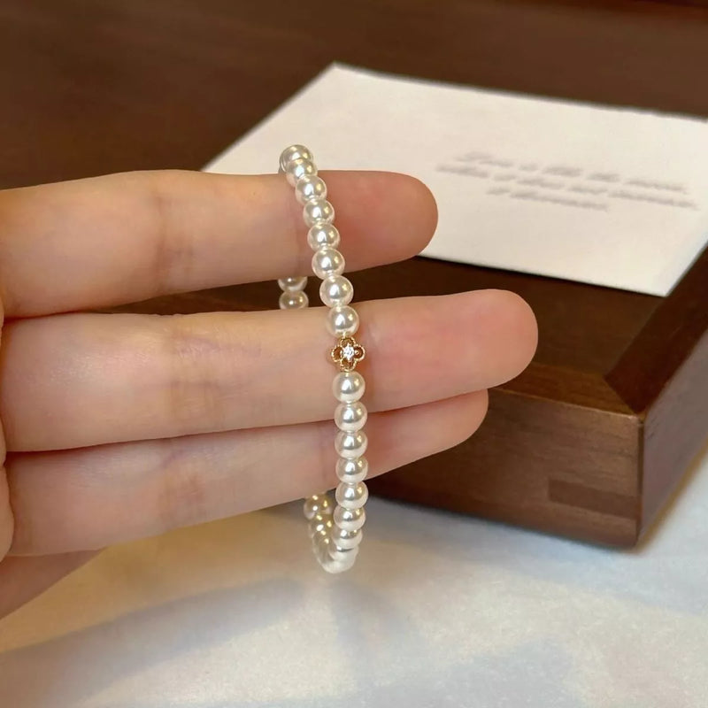 Floral pearl beaded gold plated bracelet front view