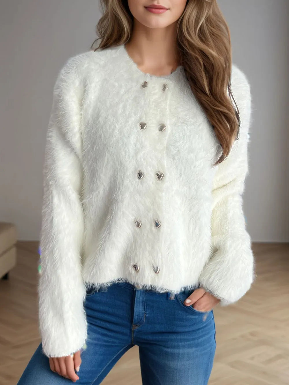 Heart Button Round Neck Cardigan - Fashorio