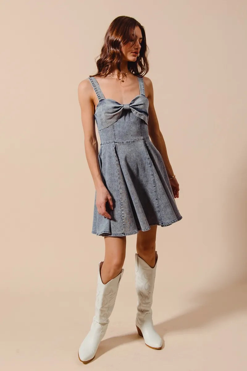 SO ME Mineral Washed Bow Ribbon Denim Flare Dress - Fashorio