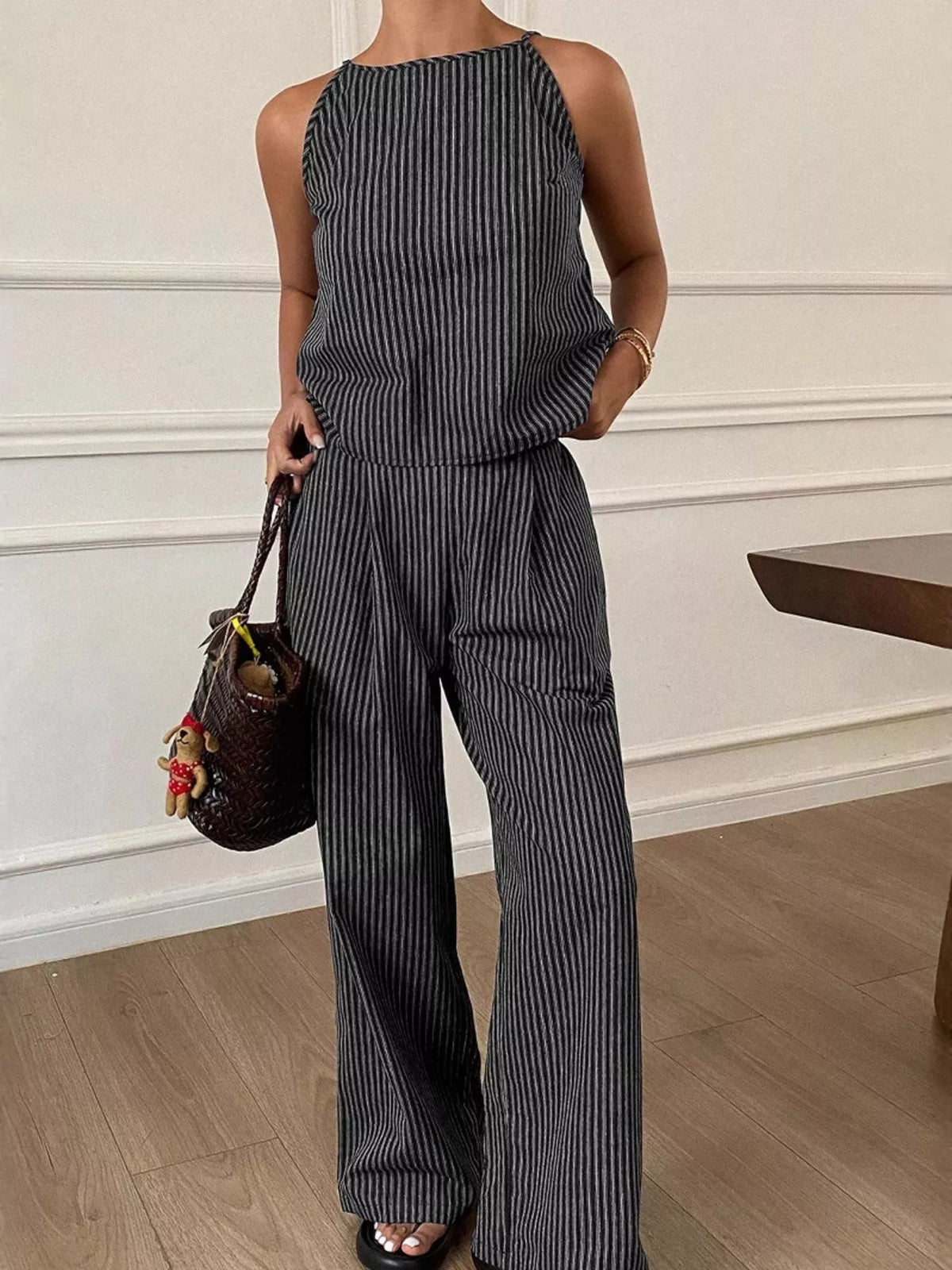 Striped Sleeveless Top and Wide Leg Pants Set, view 7