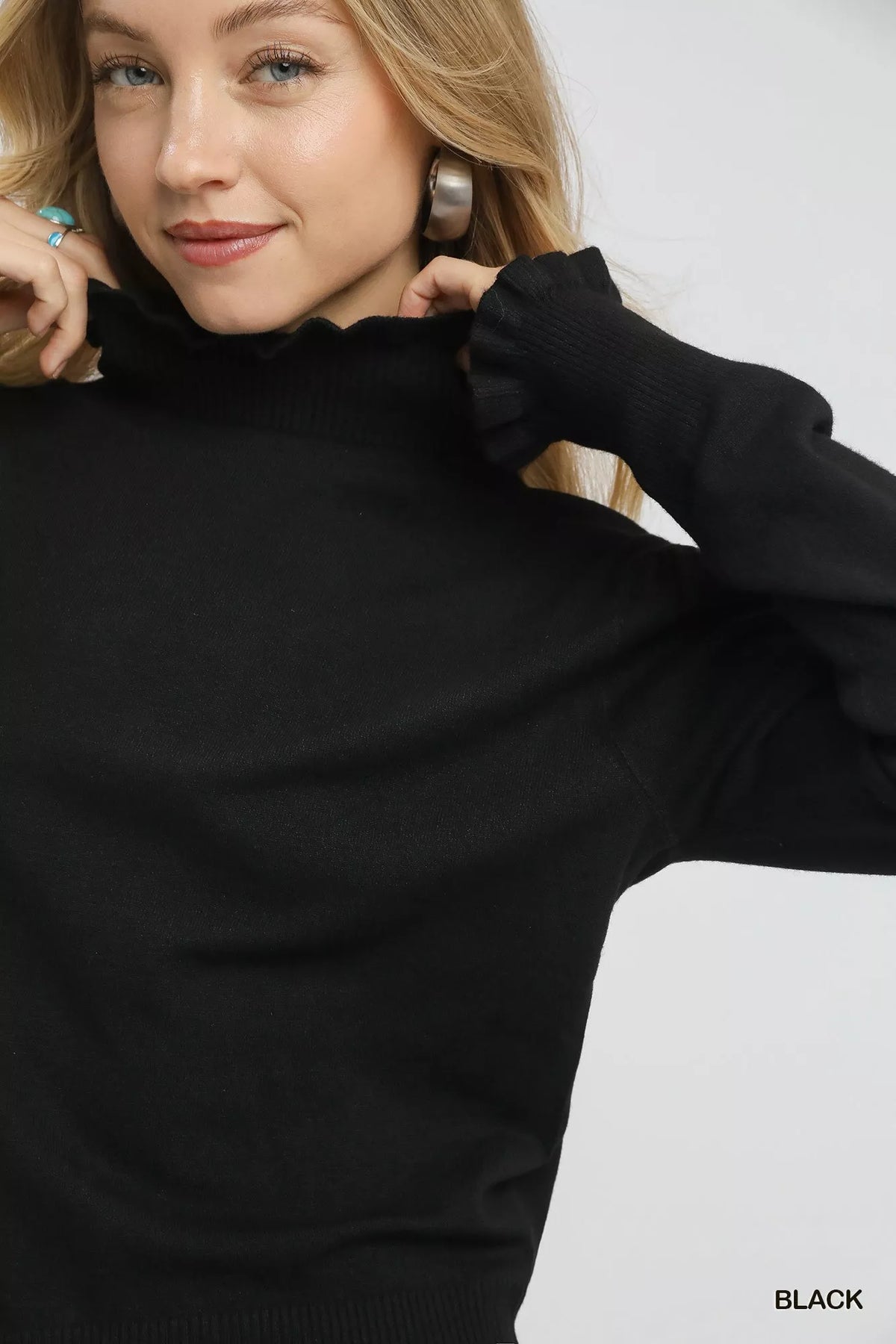 Ruffle Mock Neck Puff Sleeve Sweater in Black styled look