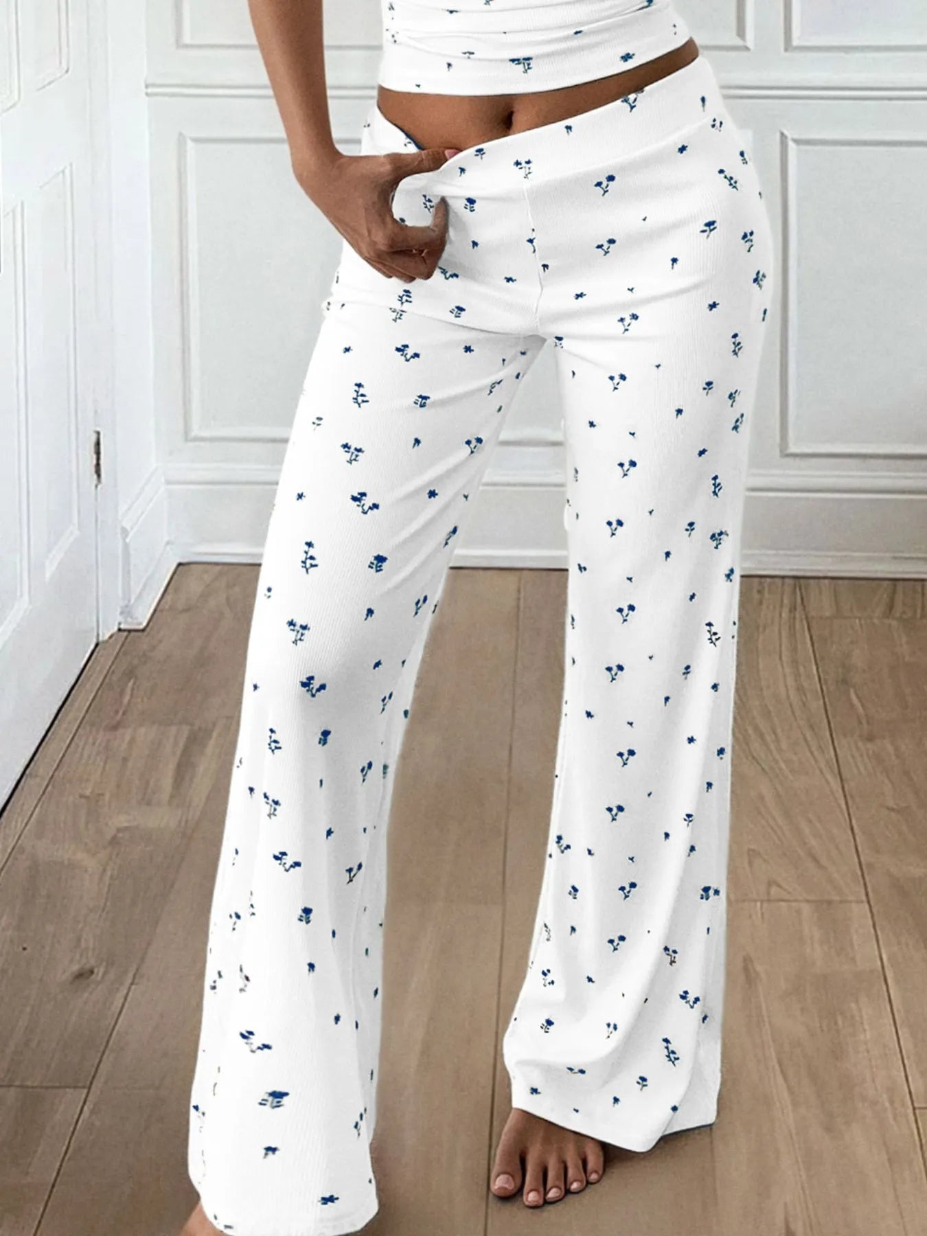 Floral Ribbed Cami and Wide Leg Pants Set - Fashorio