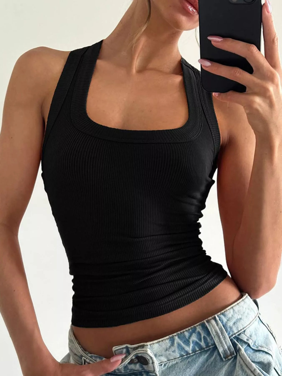 Khaki ribbed square neck tank front view