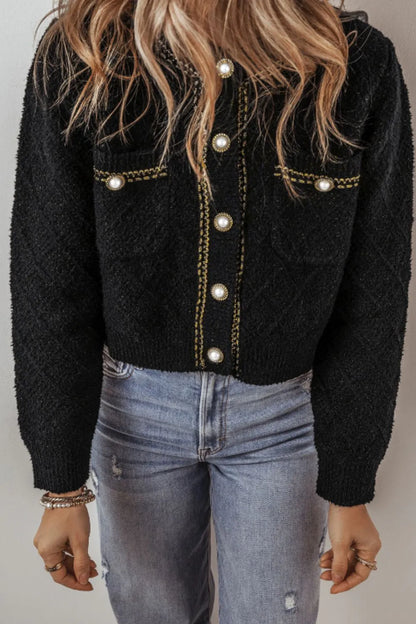 Round Neck Button Up Long Sleeve Cardigan - Fashorio