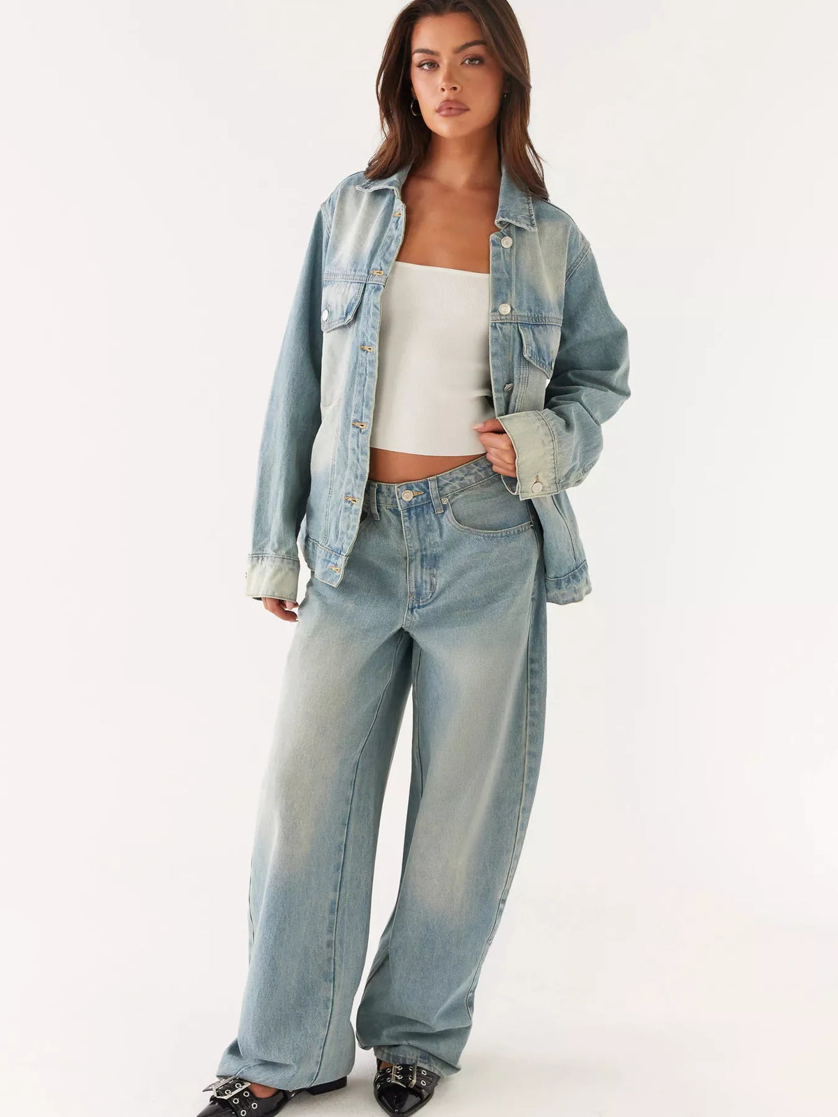 Denim jacket and jeans matching set pocket detail