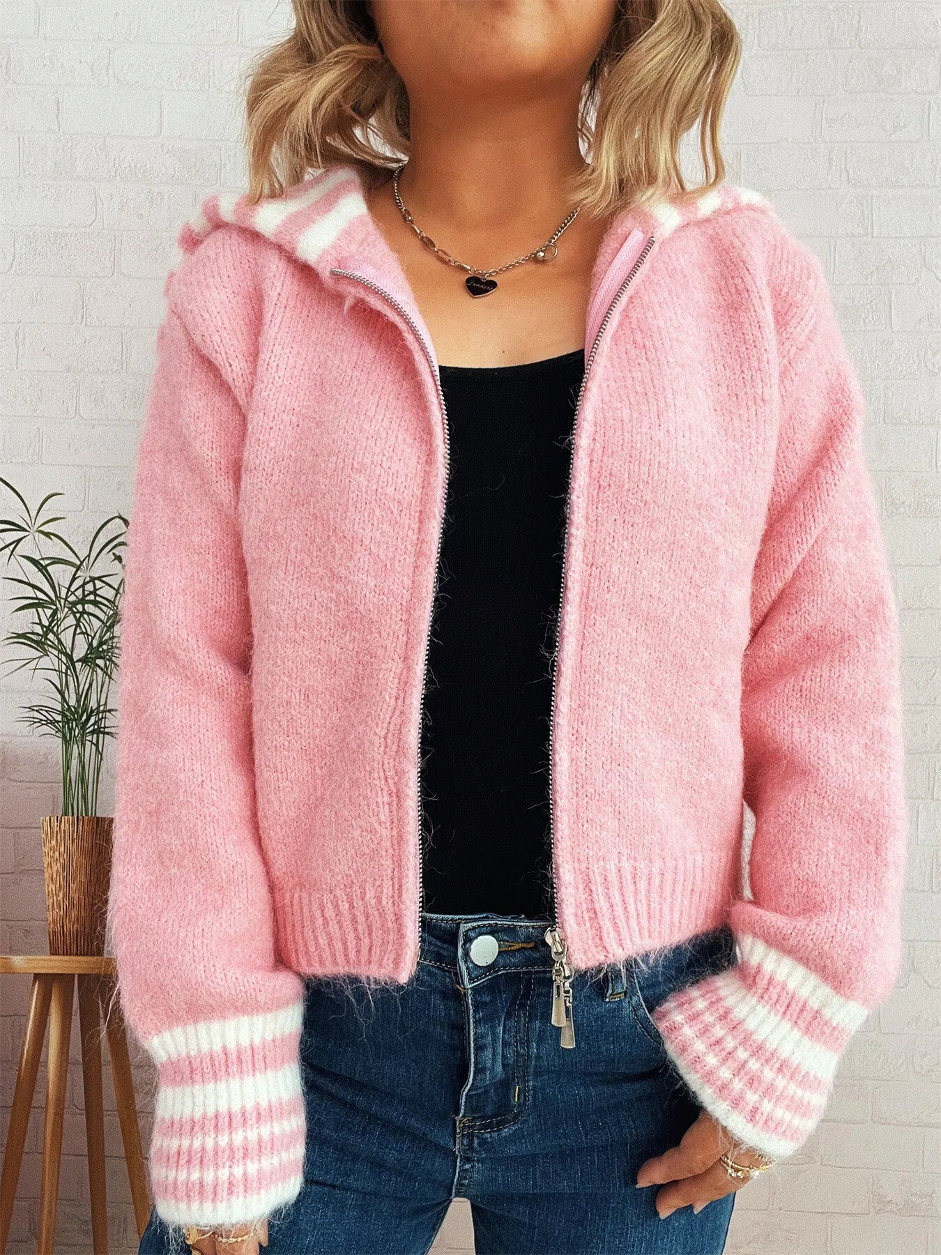 Striped Zip-Up Cardigan - Fashorio