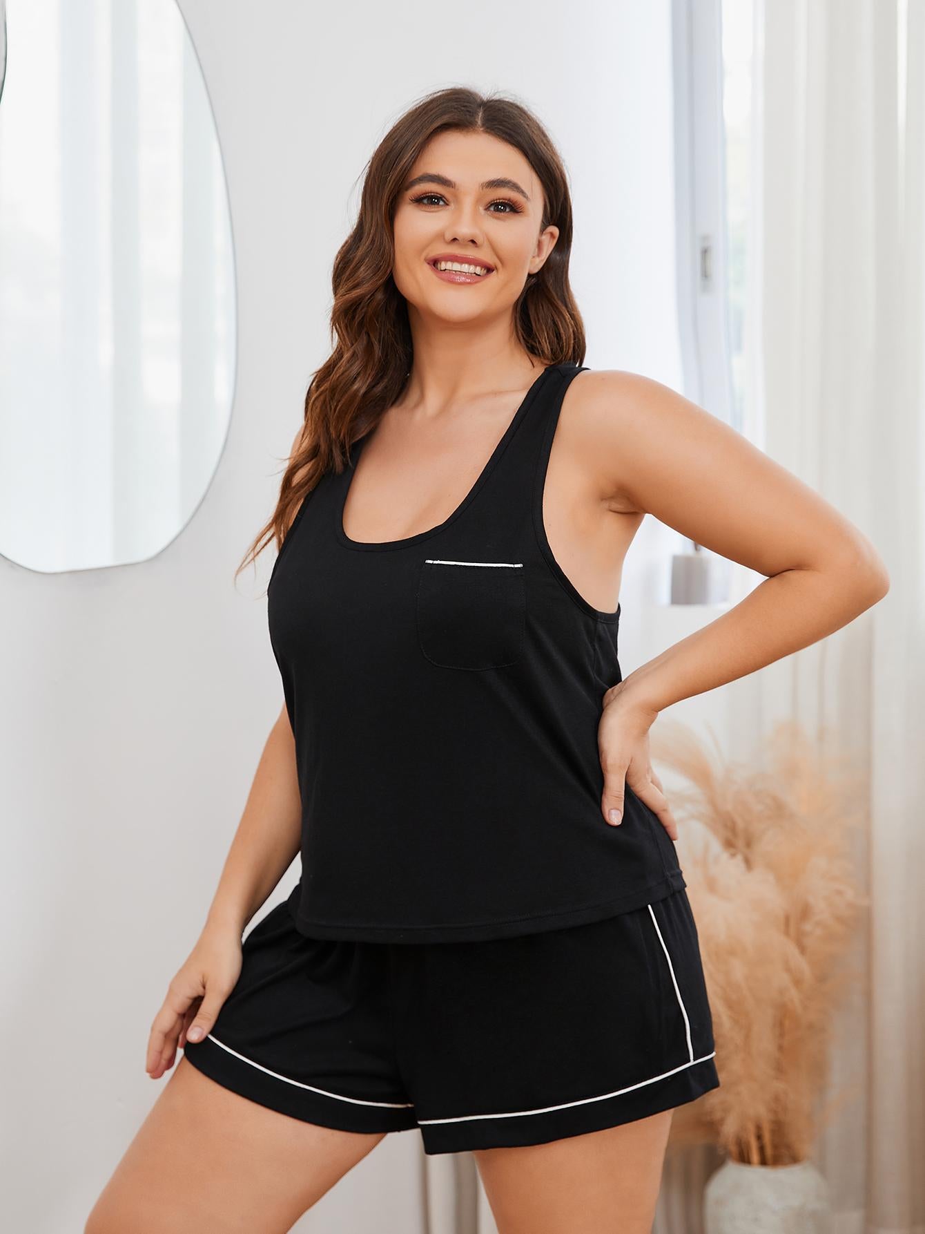 Plus Size Contrast Piping Racerback Tank and Shorts Lounge Set - Fashorio