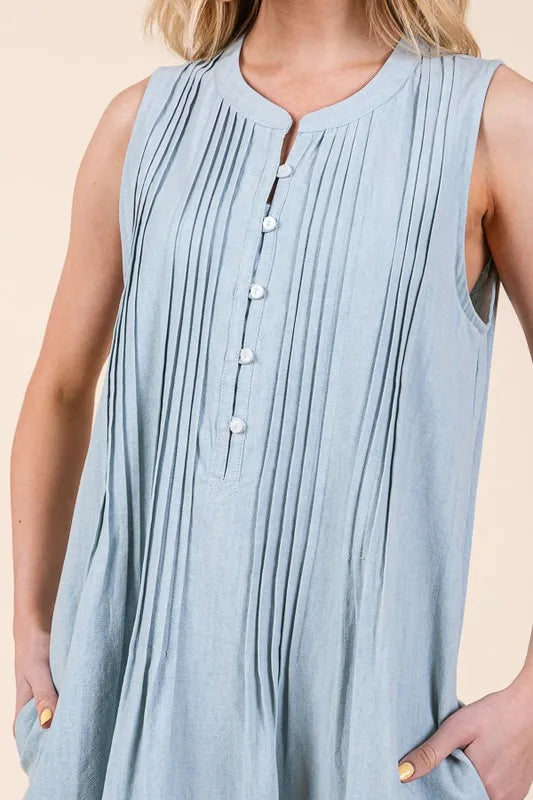 Lime 'N' Chili Denim Pintuck Detail Sleeveless Midi Dress - Fashorio