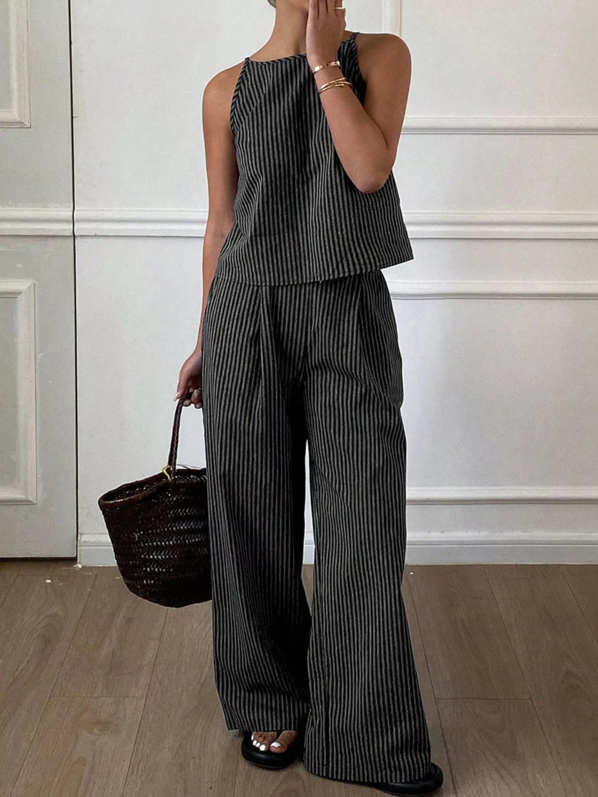 Striped Sleeveless Top and Wide Leg Pants Set, view 9