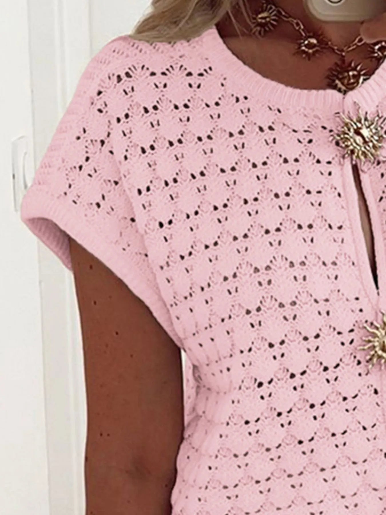 Crochet Short Sleeve Button Front Cardigan - Fashorio