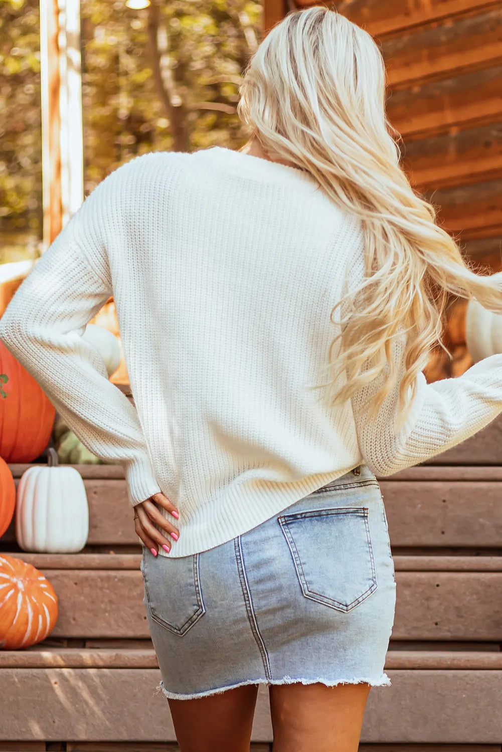 Pumpkin Embroidery Long Sleeve Sweater - Fashorio