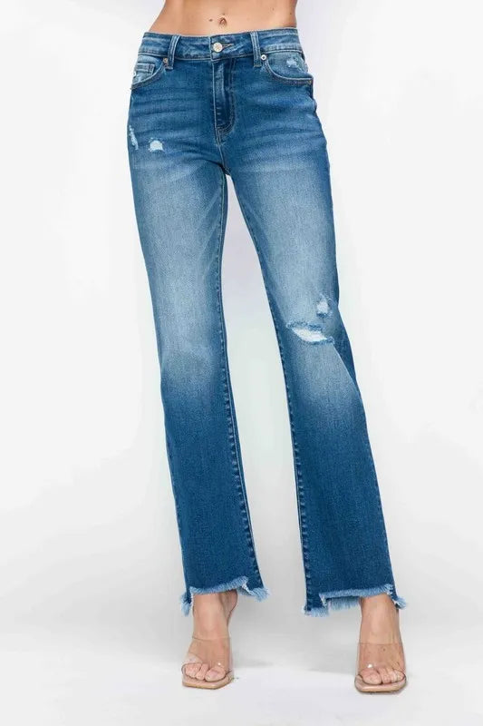 bytos Full Size Raw Hem Distressed Mid Rise Straight Jeans - Fashorio
